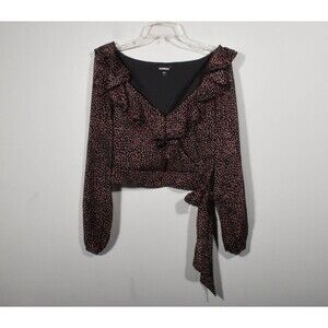 Express Black Pink Flocked Velvet Wrap Ruffle Cropped Long Sleeve Blouse Sz S